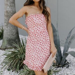 SAINTS + SECRETS Strapless Mini Dress • Beige + Red Floral • Size Medium
